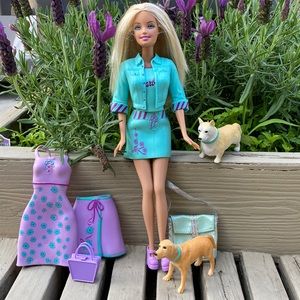 Mattel Barbie Stretch Sensation Rubber Clothes &  2 Pet Bobbin Head Bow-Wow Dogs